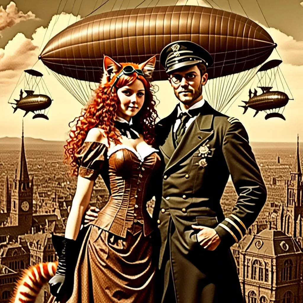 Prompt: <mymodel>high quality vintage lithograph, Full body view of Couple  with human faces and goggles, cat ears, Dirigible Advertisement, matching cat ears to hair color, extremely detailed, intricate clothing, intricate, historical, detailed hair, detailed Blimp in background,  detailed eyes, atmospheric lighting, vintage sepia tones