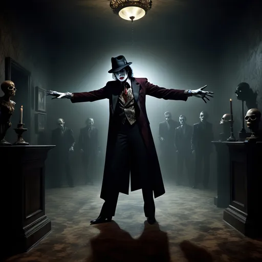 Prompt: (surrealism style image), (dark color scheme), a hauntingly dramatic scene inspired by Michael Jackson's Thriller, featuring an eerie ambiance with surreal elements, dynamic poses, and shadowy figures, intertwining the clearly visible Vincent Price, moody lighting, high detail, captivating atmosphere, (HD), a blend of the mystical and the macabre.