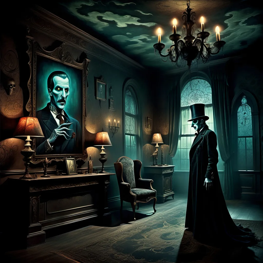 Prompt: (surrealism style image), (dark color scheme), a hauntingly dramatic scene inspired by Vincent Price on the back wall, moody lighting, high detail, captivating atmosphere, (HD), a blend of the mystical and the macabre.