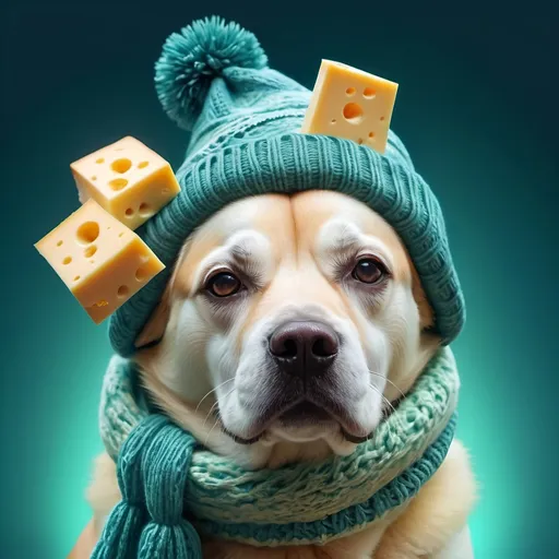 Prompt: (surrealism style) Dog made out of cheese, (wearing a winter hat and a scarf), whimsical and playful, cool color scheme, soft blues and greens, dreamlike atmosphere, abstract background of melting shapes, ethereal lighting, intriguing contrasts, imaginative representation, (highly detailed) textures of cheese, emotional warmth and charm, (4K, ultra-detailed).