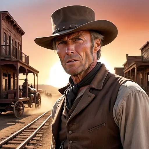 Prompt: Clint Eastwood as Johnna Hex Scar Partiall closing half of his mouth, 
Old West Scene, Gunfight at High Noon, Wild West Town, Train on the Horizon  