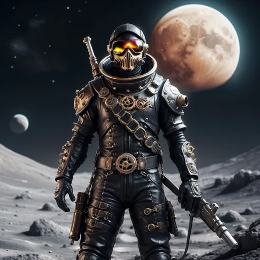 Prompt: Space Pirate in Black space suite  on Moon wielding a sword and steampunk flintlock pistol.