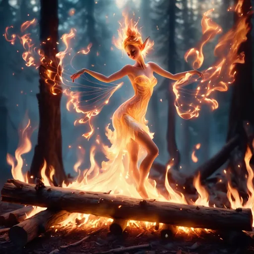 Prompt: (open hearth), (a fire fairy dancing atop the logs), fantasy style, warm color scheme, glowing embers illuminating the surroundings, ethereal ambiance, flickering shadows, intricate flames creating fluid motion, high detail, 4K, cinematic atmosphere, soft light casting a magical glow, enchanting and captivating scene.