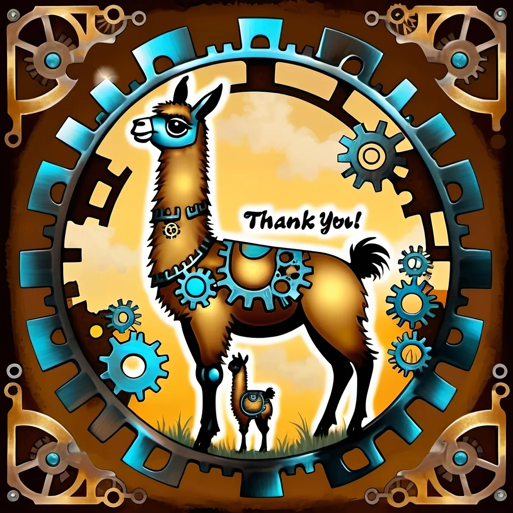 Prompt: (accurately spelled text "Thank You"), steampunk-inspired llama, intricate mechanical details, gears and cogs incorporated into the design, warm color scheme with rich browns and glowing golds, artistic brush strokes, whimsical yet sophisticated atmosphere, enchanting background with a hint of natural landscapes blending with industrial elements, captivating and ultra-detailed, oil painting style.