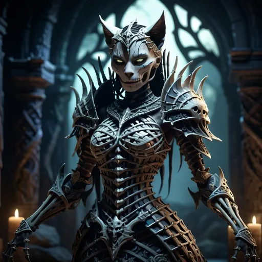 Prompt: skeletal bone Queen, dark color scheme, (fantasy RPG style), mysterious atmosphere, eerie background, intricate detailed armor, feline features woven into the design, dynamic pose, shadows and highlights emphasizing depth, high-adrenaline scene, (4K), ultra-detailed, magical aura surrounding the character, enchanting yet ominous vignette, dramatic composition.