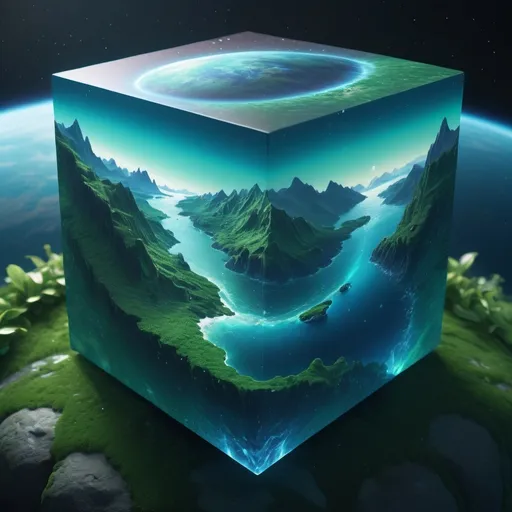 Prompt: (realistic style), (cube of a planet in space), highly detailed representation, vibrant water textures, ethereal atmosphere, majestic mountains, lush greenery, cool color scheme, serene and tranquil vibes, intricately rendered features, deep ocean blues and gentle greens, atmospheric details that evoke awe and wonder, ultra-detailed, 4K quality, captivating visual experience, immersive and enchanting.