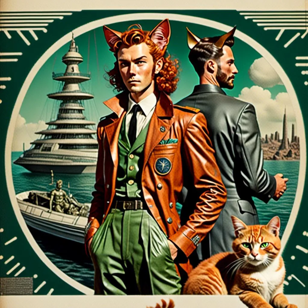 Prompt: <mymodel> Full body view of Rugged Man with human face and cat ears in 1940's futuristic boat Advertisement, matching cat ears to hair color, extremely detailed, intricate clothing, high quality, intricate, futuristic-retro futurism, historical, detailed hair, detailed spaceship in background