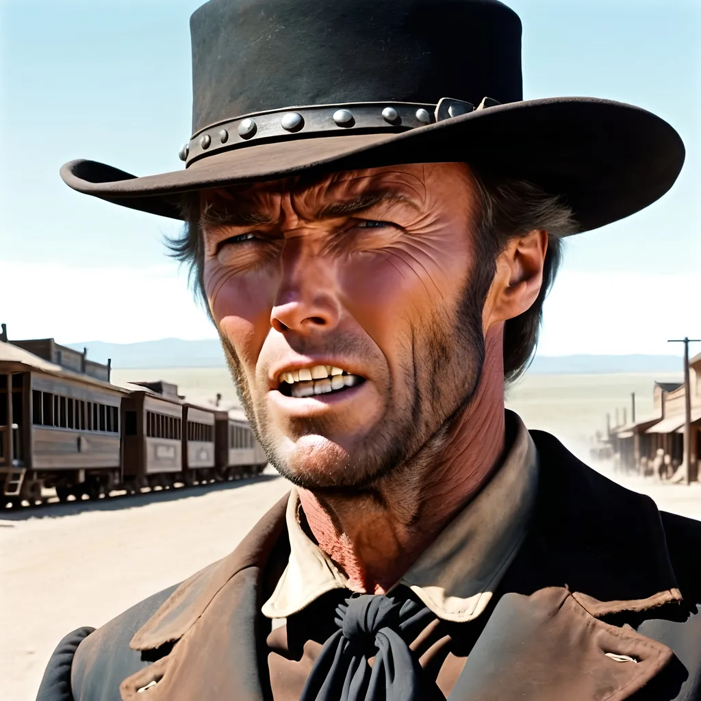 Prompt: Clint Eastwood as Johnna Hex Scar Partiall closing half of his mouth, 
Old West Scene, Gunfight at High Noon, Wild West Town, Train on the Horizon  