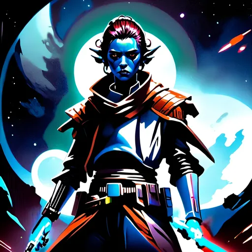 Prompt: anime style, (dark color scheme), outlaw characters from Star Wars, unique poses, rebellious vibes, high-contrast shadows, moody atmosphere, intricate details in character design, dynamic expressions, depth in lighting, (vibrant highlights), ultra-detailed artwork, dramatic ambiance, sci-fi elements, thematic background reflecting a galactic setting.