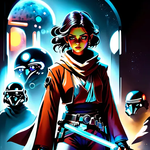 Prompt: anime style, (dark color scheme), outlaw characters from Star Wars, unique poses, rebellious vibes, high-contrast shadows, moody atmosphere, intricate details in character design, dynamic expressions, depth in lighting, (vibrant highlights), ultra-detailed artwork, dramatic ambiance, sci-fi elements, thematic background reflecting a galactic setting.