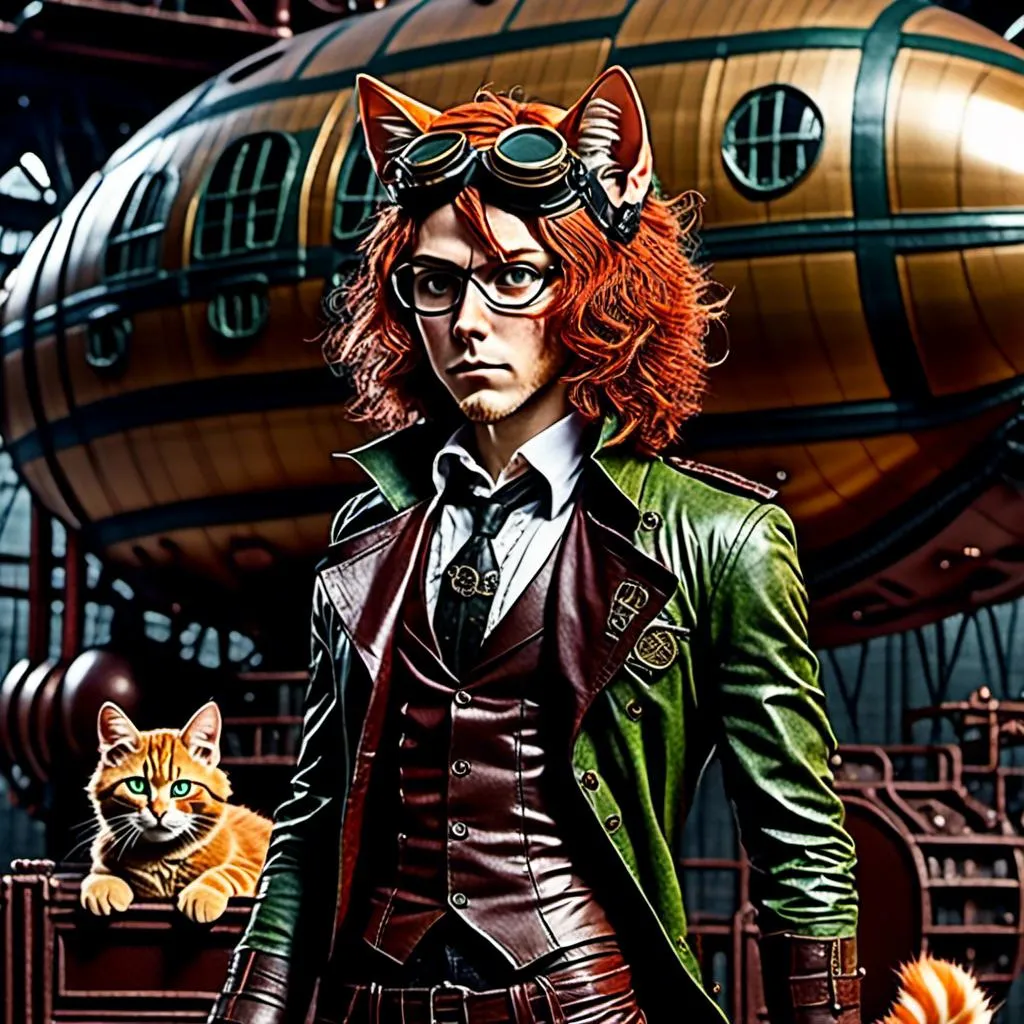 Prompt: <mymodel>Full body view of Rugged Man with human face with goggles and cat ears, Dirigible Advertisement, matching cat ears to hair color, extremely detailed, intricate clothing, high quality, intricate, historical, detailed hair, detailed Blimp in background, artstyle-steampunk, detailed eyes, atmospheric lighting, vintage