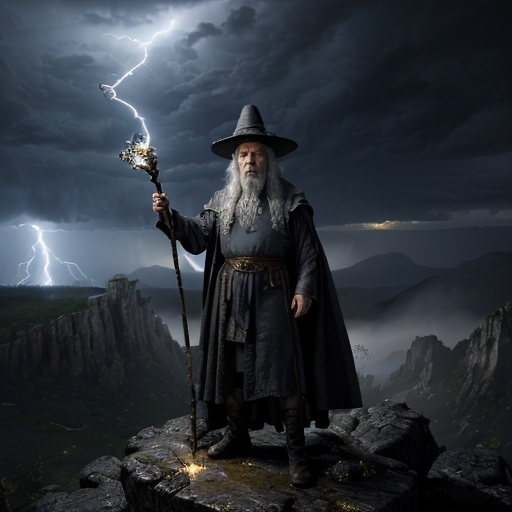 Prompt: (photorealistic) fantasy scene, (dramatic lighting), wizened old wizard with a pointed hat, long flowing robes, standing on a rocky mountainside, calling down lightning with his staff, (dark color scheme), mystical ambiance, swirling clouds overhead, electric energy in the air, high detail, ultra-detailed, capturing an epic moment with a sense of power, wonder, and magic.