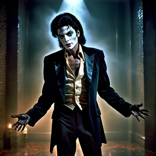 Prompt: (surrealism style image), (dark color scheme), a hauntingly dramatic scene inspired by Michael Jackson's Thriller, featuring an eerie ambiance with surreal elements, dynamic poses, featuring clearly visible portrait of Vincent Price, moody lighting, high detail, captivating atmosphere, (HD), a blend of the mystical and the macabre.