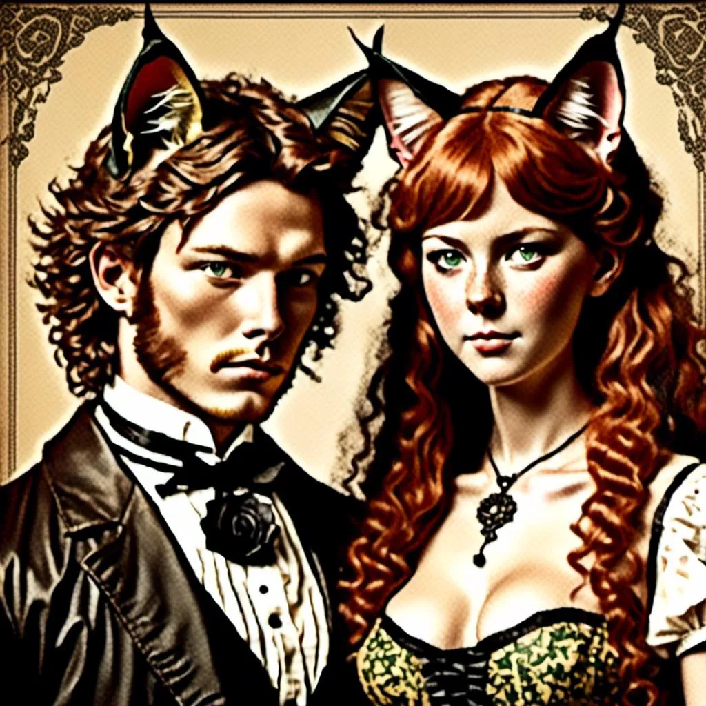 Prompt: <mymodel>couple with cat ears in vintage lithograph style, 1800's advertisement tools, matching cat ears to hair color, extremely detailed, vintage lithograph, black and white, detailed hair, intricate clothing, antique paper texture, high quality, vintage, detailed cat ears, historical, sepia lighting