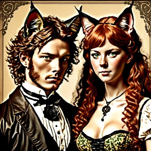 Prompt: <mymodel>couple with cat ears in vintage lithograph style, 1800's advertisement tools, matching cat ears to hair color, extremely detailed, vintage lithograph, black and white, detailed hair, intricate clothing, antique paper texture, high quality, vintage, detailed cat ears, historical, sepia lighting