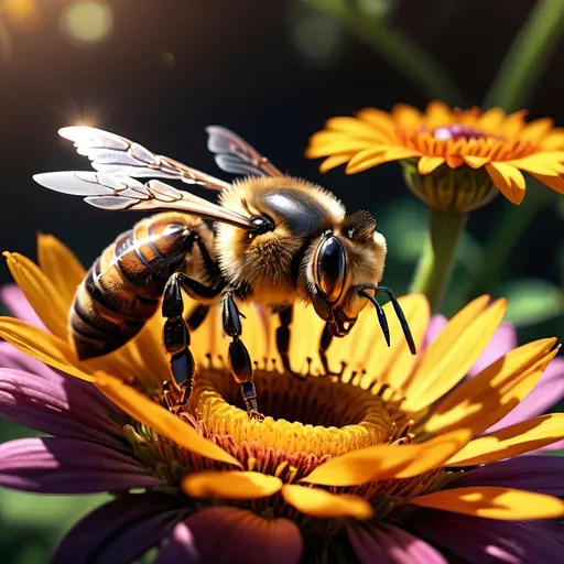 Prompt: Close up (Honey bee sipping nectar on a flower, all six legs visible), intricate wing details, photorealism, nature, dark steampunk artstyle, summer vibes, warm color scheme, vibrant, high-depth color tones, ultra-detailed, HD, 4K, crisp focus, atmospheric, intricate floral background with steampunk elements, metallic textures, gears and cogs intertwined with nature, soft sunlight filtering through, cinematic lighting, dramatic shadows, immersive and captivating scene.