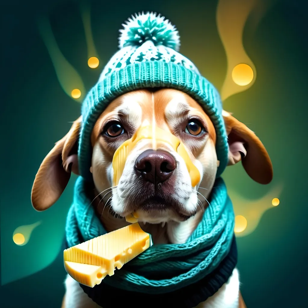 Prompt: (surrealism style) Dog composed of cheese, (wearing a winter hat and a beanscarf), whimsical and playful, cool color scheme, soft blues and greens, dreamlike atmosphere, abstract background of melting shapes, ethereal lighting, intriguing contrasts, imaginative representation, (highly detailed) textures of cheese, emotional warmth and charm, (4K, ultra-detailed).