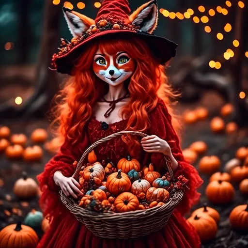 Prompt: <mymodel>(mymodel) Red Foxy Dressed as a Witch, anime style, (pastel color scheme), enchanting scene, whimsical atmosphere, offering a giant basket of candy corns and candy corn pumpkins, joyful children excitedly reaching for treats, magical twilight background, soft lighting, dreamy vibe, ultra-detailed, vibrant candy colors, full of charm and delight.