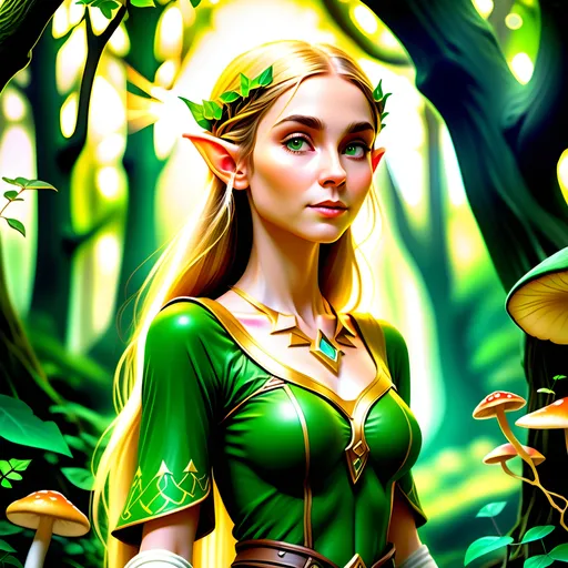 Prompt: (photorealistic style),Elf woman in lush Hyrule, vibrant warm colors, enchanting atmosphere, sunlight filtering through dense foliage, soft glowing mushrooms, serene winding path, magical fauna, mystical creatures peeking from behind trees, deep green foliage with golden highlights, ultra-detailed, immersive landscape, tranquil ambiance, adventurous spirit, ideal for storytelling backgrounds.