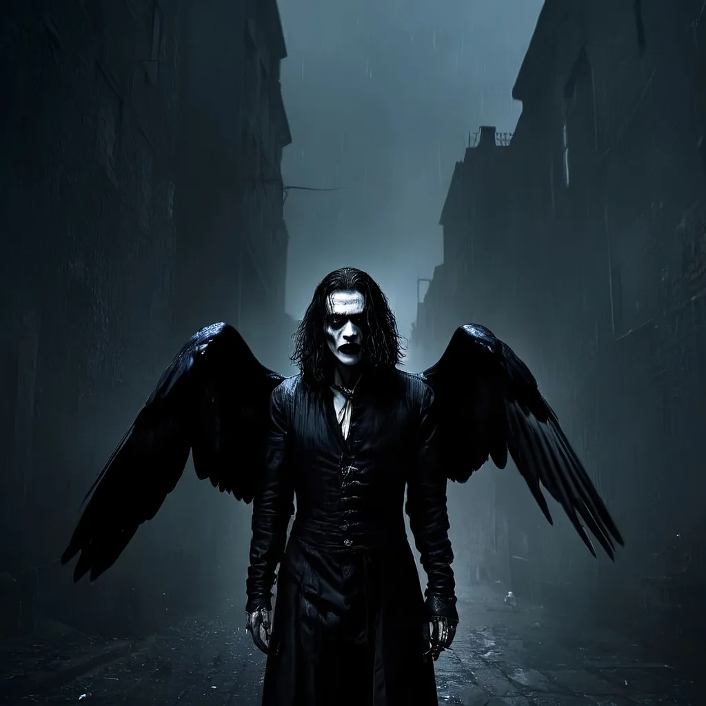 Prompt: (misc-macabre style), dark color scheme, (The Crow) movie character, haunting atmosphere, somber lighting, intricate details, dramatic shadows, urban background, mysterious mood, deep blues, stark blacks, intense contrasts, surreal elements, gothic aesthetics, ultra-detailed, cinematic quality, evoking feelings of melancholy and intrigue.