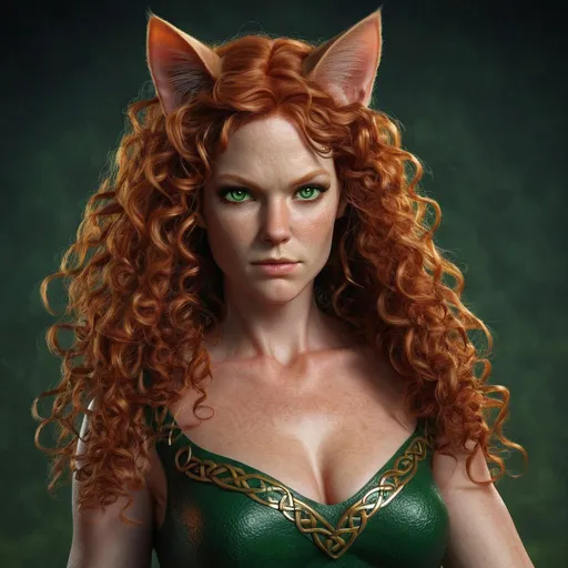 Prompt: Realistic, 45 year old full figured Celtic woman women with cat ears and tail, full long red curly hair, various poses, intense gaze, detailed anatomy, detailed green eyes, realistic skin texture, very low light, detailed hair, professional, highres, detailed, intense, green eyes, cat ears, cat tail, 45 year old full figured Celtic woman, realistic, detailed anatomy, various poses, panting, skin texture, low light, anime-style, professional, realism, detailed hair