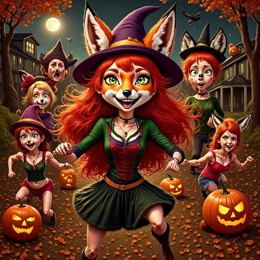 Prompt: (realism style) Red Foxy character, dressed for Halloween, surrounded by (excited neighborhood kids) joyfully trick-or-treating, (festive costumes), glowing jack-o’-lanterns, (spooky atmosphere), (moonlit night sky), (autumn leaves) creating an enchanting scene, (playful expressions), (high quality), (ultra-detailed), vibrant colors, warm lighting, engaging and cheerful vibe, evoking the thrill of Halloween festivities.