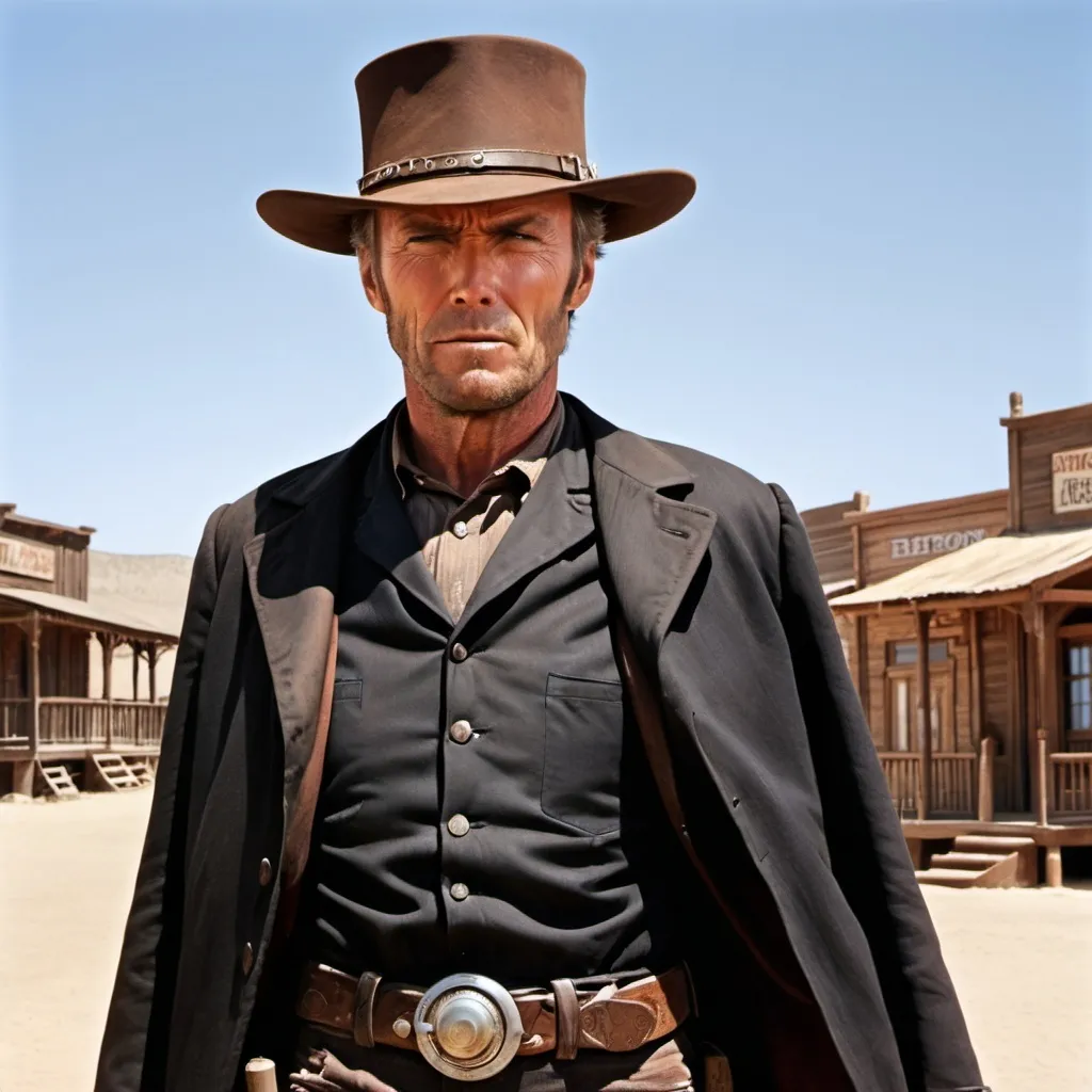 Prompt: Clint Eastwood as Johnna Hex
Old West Scene, Gunfight at High Noon, Wild West Town, Train on the Horizon  