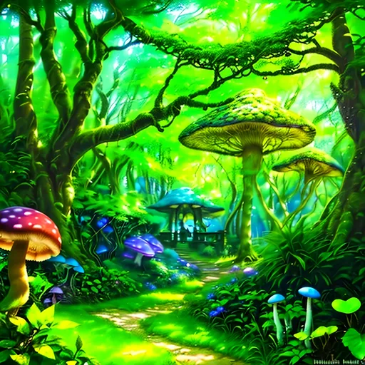 Prompt: (photorealistic style), lush Hyrule, vibrant warm colors, enchanting atmosphere, sunlight filtering through dense foliage, soft glowing mushrooms, serene winding path, magical fauna, mystical creatures peeking from behind trees, deep green foliage with golden highlights, ultra-detailed, immersive landscape, tranquil ambiance, adventurous spirit, ideal for storytelling backgrounds.