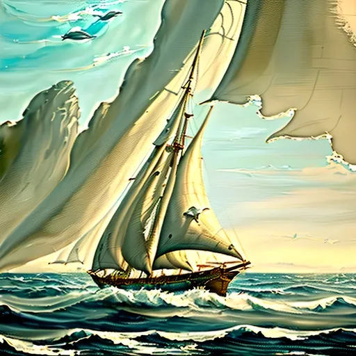 Prompt: oil painting, natural color scheme, (three masted sailing ship body made out of glass), (traveling swiftly) on a (realistic ocean), (sails full of wind), (dolphins breaching) in front of the bow, serene atmosphere, nature-inspired, fluid and dynamic scene, delicate brush strokes, soft light filtering through, emphasizing tranquility and adventure, ultra-detailed, high-definition.