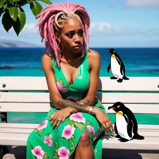 Prompt: Black woman with pink dreadlocks and floral dress, and green long acrylic nails is staring at a penguin while sitting on a bench