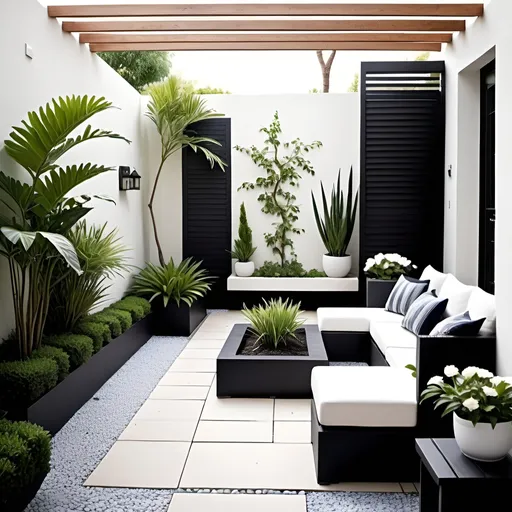 Prompt: Create a garden layout and image based on the description below 
Layout and Zones

	1.	Entrance and Pathway:
	•	Create a sleek, minimalist entrance with a pathway made of smooth white stones or concrete slabs.
	•	Line the pathway with a mix of tropical plants like Bird of Paradise and typical Italian plants such as lavender and rosemary for a fragrant and visually appealing entrance.
	2.	Seating Area:
	•	Place the seating area on one side of the garden, near one of the large trees to take advantage of the natural shade.
	•	Use modern, white outdoor furniture such as a sectional sofa with weather-resistant cushions.
	•	Add a low, minimalist coffee table and a pergola with clean lines and climbing plants like jasmine or wisteria to create a cozy nook.
	3.	Dining Area:
	•	Situate the dining area in the center of the garden to act as a focal point.
	•	Use a sleek white dining table with modern chairs, perhaps in a contrasting color like black or a natural wood tone.
	•	Surround the dining area with potted tropical plants like palms and banana plants for an exotic touch.
	4.	Pool Area:
	•	Design a small  pool at the far end of the garden for a relaxing retreat.
	•	Use white or light-colored mosaic tiles for the pool to blend with the garden’s modern aesthetic.
	•	Add modern lounge chairs and a small, stylish umbrella for a sunbathing area.
	5.	Planting Beds:
	•	Create planting beds along the length of the garden with a mix of tropical and Italian plants.
	•	Use plants like hibiscus, bougainvillea, and agapanthus for tropical flair.
	•	Combine these with Italian staples like olive trees, cypress, and herbs like thyme and oregano, using modern white planters for uniformity.

Design Themes

	1.	Modern Mediterranean-Tropical Fusion:
	•	Combine the lush, vibrant colors and textures of tropical plants with the structured, aromatic plants typical of Italian gardens.
	•	Use sleek, white planters, clean-lined benches, and minimalist decor to unify the different plant types.