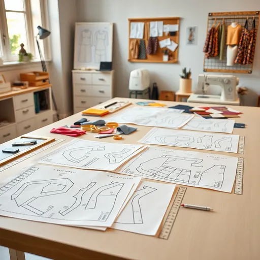 Prompt: A neatly organized pattern-making work table scene in a modern, well-lit studio. The table features sewing patterns neatly placed , alongside rulers, measuring tape, fabric swatches, and a tailor’s pencil. The workspace is meticulously arranged, and the sewing patterns are laid flat and clearly visible. In the background, there’s a glimpse of a sewing machine and a pinboard with sketches and fabric samples. The atmosphere is clean, professional, and inviting, with warm lighting highlighting the workspace.