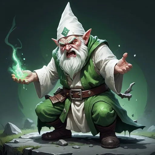 Prompt: Angry Sadistic Gnome character  , fantasy character art, illustration, dnd, cold tone, with white robe, healing a wounded not happy person against its will on the ground with a green looking healing spell 