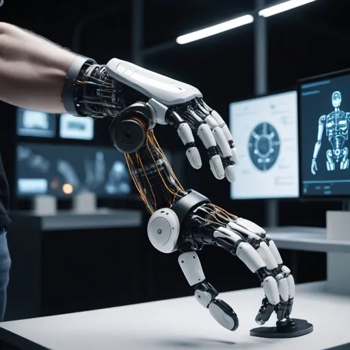 Prompt: To the side, show a robotic arm assembling a smart prosthetic limb with embedded sensors and microchips. Highlight the limb with glowing lines to indicate advanced technology and AI integration. In the background, display various high-tech equipment, 3840x2160, resolution min 4MP