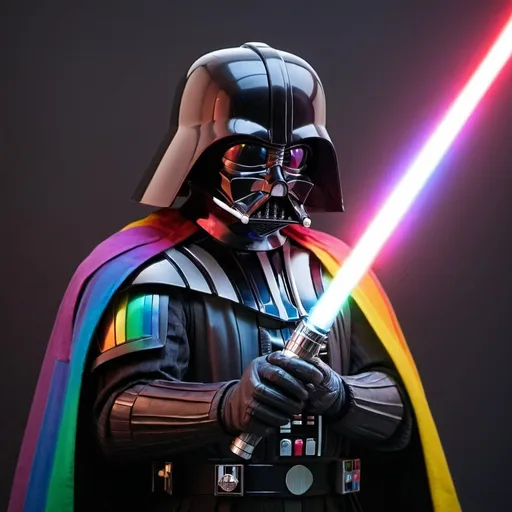 Prompt: A light saber with the rainbow color being hold by lord vader up close