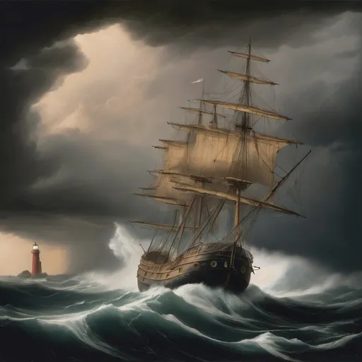 Prompt: 18th century ship at sea during severe storm with lighthouse in the distance