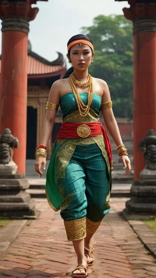 Prompt: hyperrealistic powerful Indonesian heroine with half-tied hair, wearing a gold headband, blue cloth hair band, wearing a bright green bustier with gold lace typical of Majapahit, wearing gold bracelets on both arms, green trousers up to her calves ending in gold lace typical of Majapahit, cloth Thigh-length light brown batik finger with unique motif, gold ornamented belt, wearing strappy sandals, cloth scarf hanging behind the back, serious expression, riding a dashing red horse, running facing the camera, action pose, cinematic film poster, typical red brick temple background Majapahit with statue carvings and ornaments, thin smoke temple, attack pose, smoke effect. 3D Animation, Dynamic, Fantasy Art, Ultra Hd, 4k, 8k, 4000 pixels, cinematography. cinematic. original image. full body.