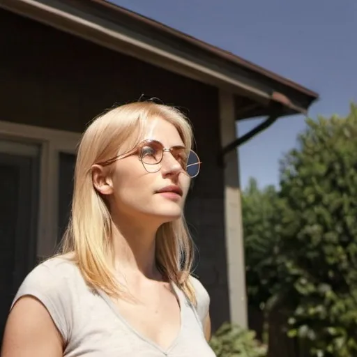 Prompt: A woman,  blond hair, copper colored glasses, standing outside a house, light from behind,