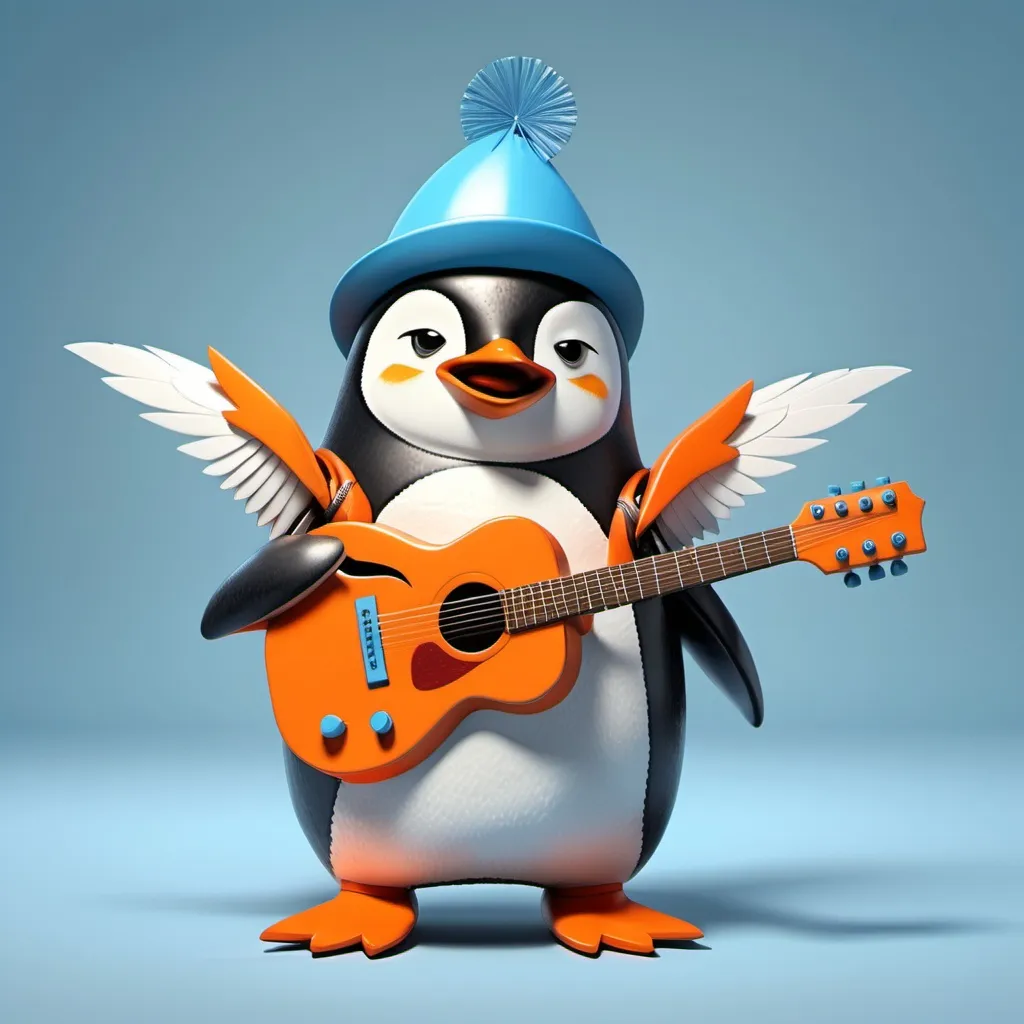 Prompt: A penguin that wings is blue , and body is orange! It has a guitar in its hand and a rocket hat and rocket shoes!