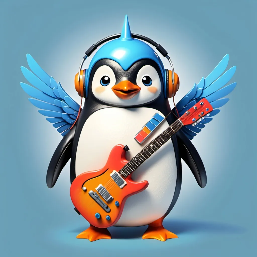 Prompt: A penguin with a rocket on its head!He has 2 wings and has a guitar in its hand which is blue! 