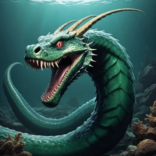Prompt: A sea serpent so slimy and scary. His beady eye's can kill someone with 1 single glare!! It has muscles like no other , his muscle can suffocate you there so big! It has electricity stuck in it!