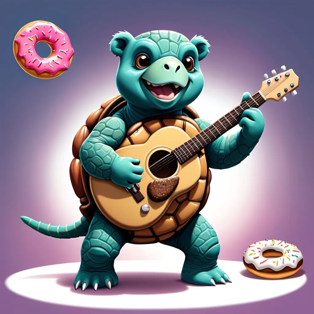 Prompt: Half turtle half bear! The half turtle half bear has a guitar on its back and is eating a donut! The is a rocket donut in the backround