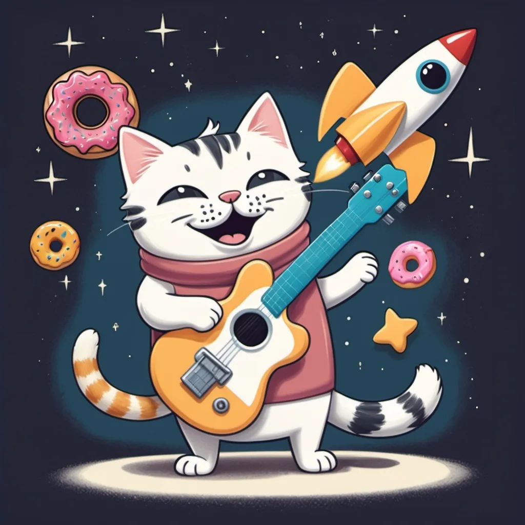 Prompt: An animal half dog half cat! The cat is holding a guitar and the dog is holding a donut and a rocket