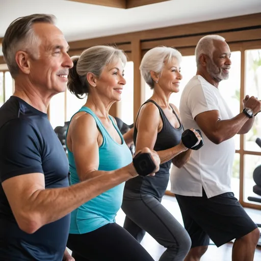 Prompt: diverse 60-year-old men and women participating in fitness at a modern, high-end resort 