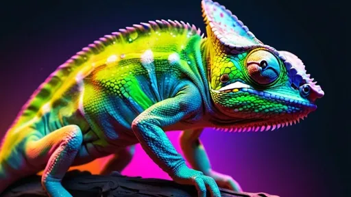 Prompt: Color-changing chameleon, neon glow, vibrant color gradient, high quality, digital art, intense lighting, detailed scales, futuristic, surreal, iridescent, vivid, vibrant, neon, cyberpunk, reptile, gradient, intense glow, digital, vibrant colors