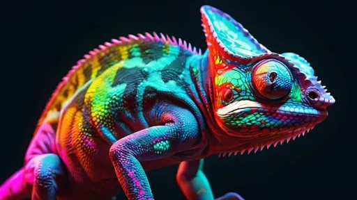 Prompt: Color-changing chameleon, neon glow, vibrant color gradient, high quality, digital art, intense lighting, detailed scales, futuristic, surreal, iridescent, vivid, vibrant, neon, cyberpunk, reptile, gradient, intense glow, digital, vibrant colors