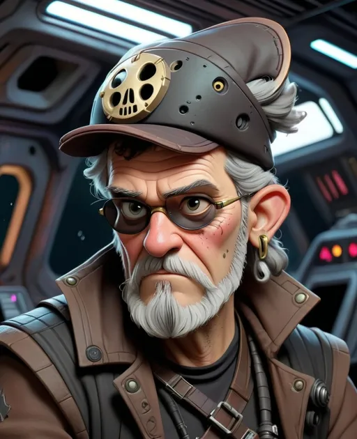 Prompt: Disney style Digital art of an old Cyberpunk pirate captain in a Star Wars spaceship.