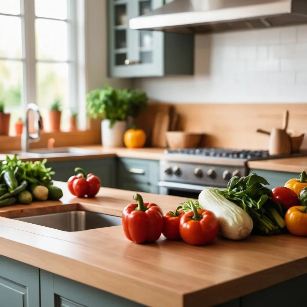 Prompt: An out of focus image of a kitchen with warm colors and wooden countertops with fresh vegetables on the counter