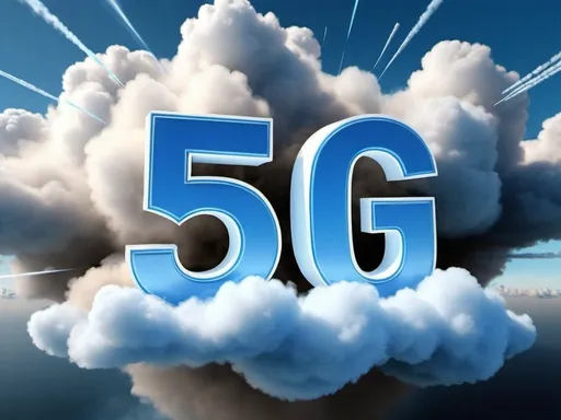 Prompt: 3D block letters "5G" accelerating through clouds with vapor trails, blue letters, realistic 3D rendering, dynamic cloud movement, high quality, detailed vapor trails, dramatic lighting, professional, atmospheric sky, best quality, ultra-detailed, 3D rendering, dynamic clouds, realistic, dramatic lighting