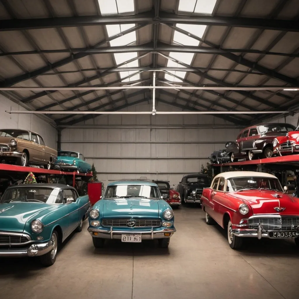 Prompt: AN IMAGE OF A MECHANICAL GARAGE TO MARK THE CLOSURE DURING THE HOLIDAYS
WITH VINTAGE CARS